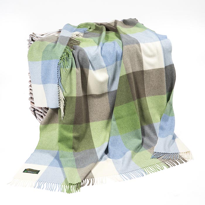 Lambswool Blanket in Cream, Blue, and Green Check