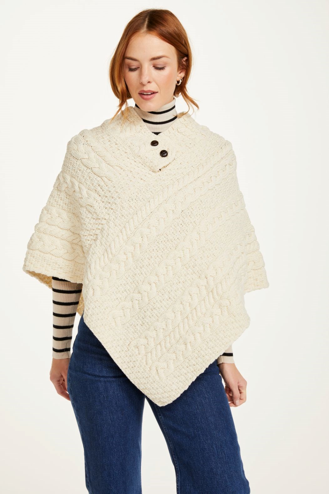 Aran Poncho with Front Buttons in Natural